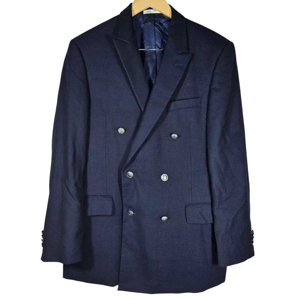 Joseph Abboud Mens Navy Blue Double Breasted Wool Blazer Suit Jacket Sport Coat